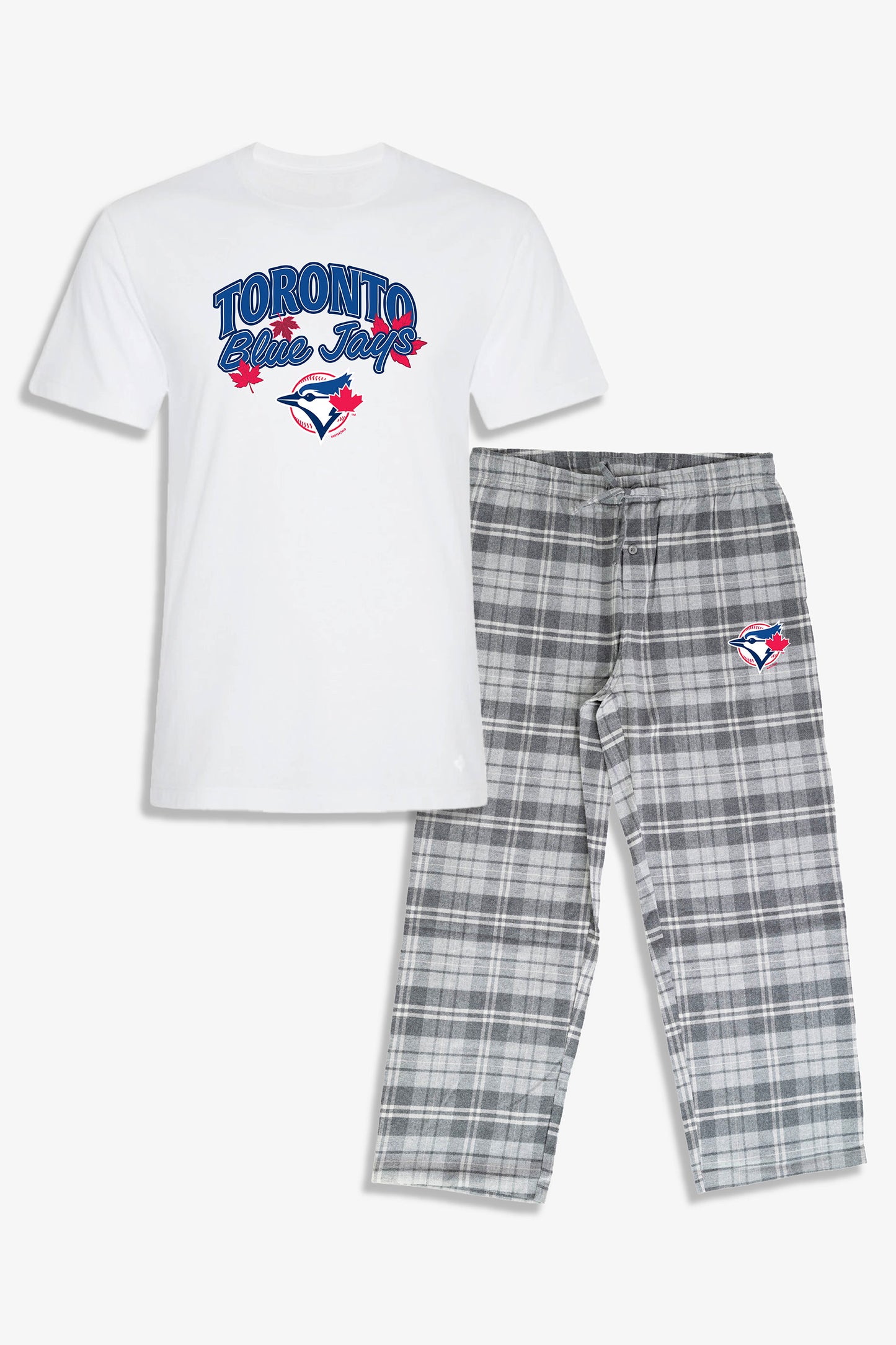 MLB Toronto Blue Jays Unisex Adult Pajama Set with Soft Cotton White T-Shirt & Light Grey Brushed Flannel Pants