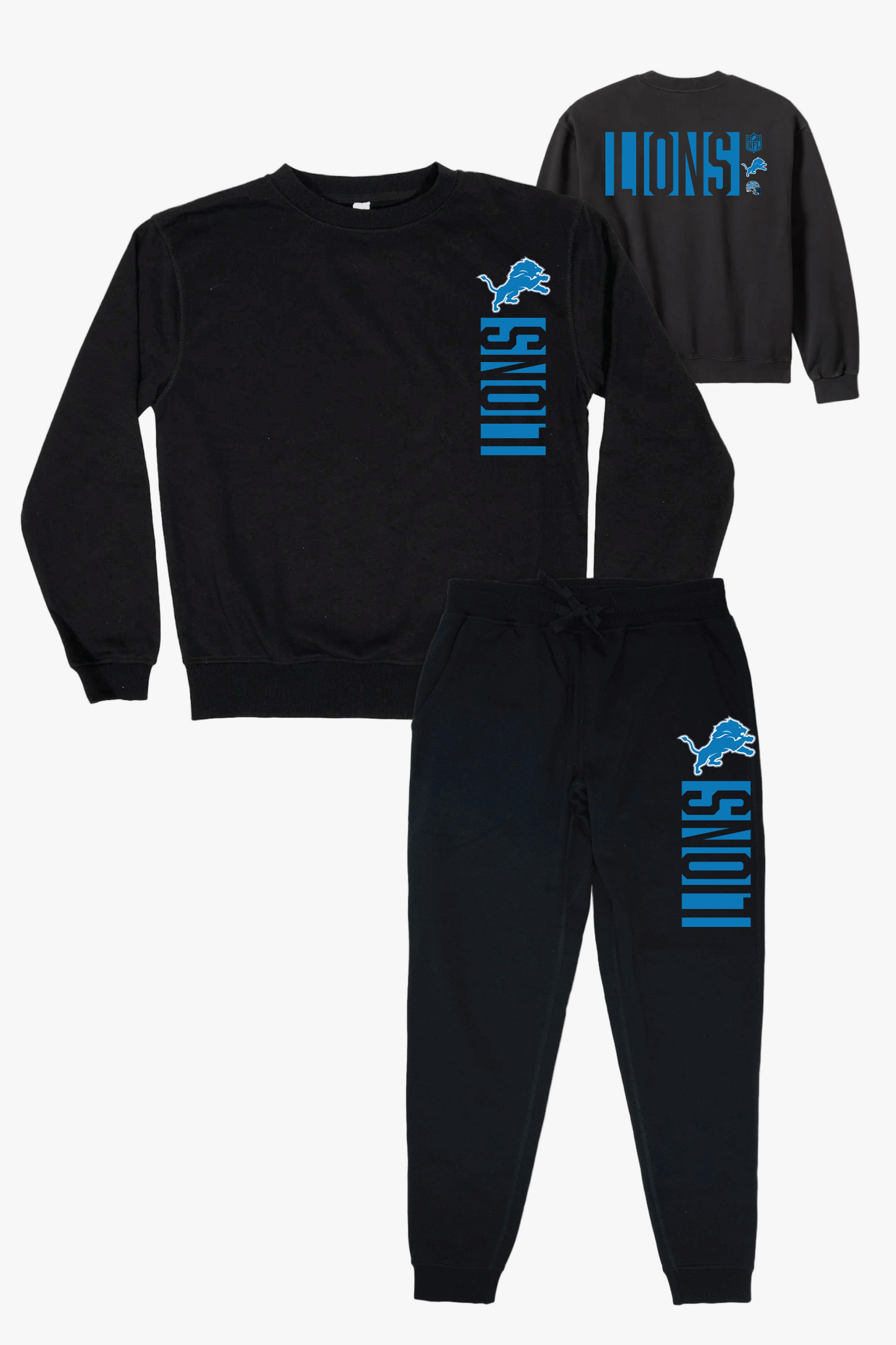 NFL Detroit Lions Black Unisex Adult Matching French Terry Cotton Lounge Set With "Negative Space" Design