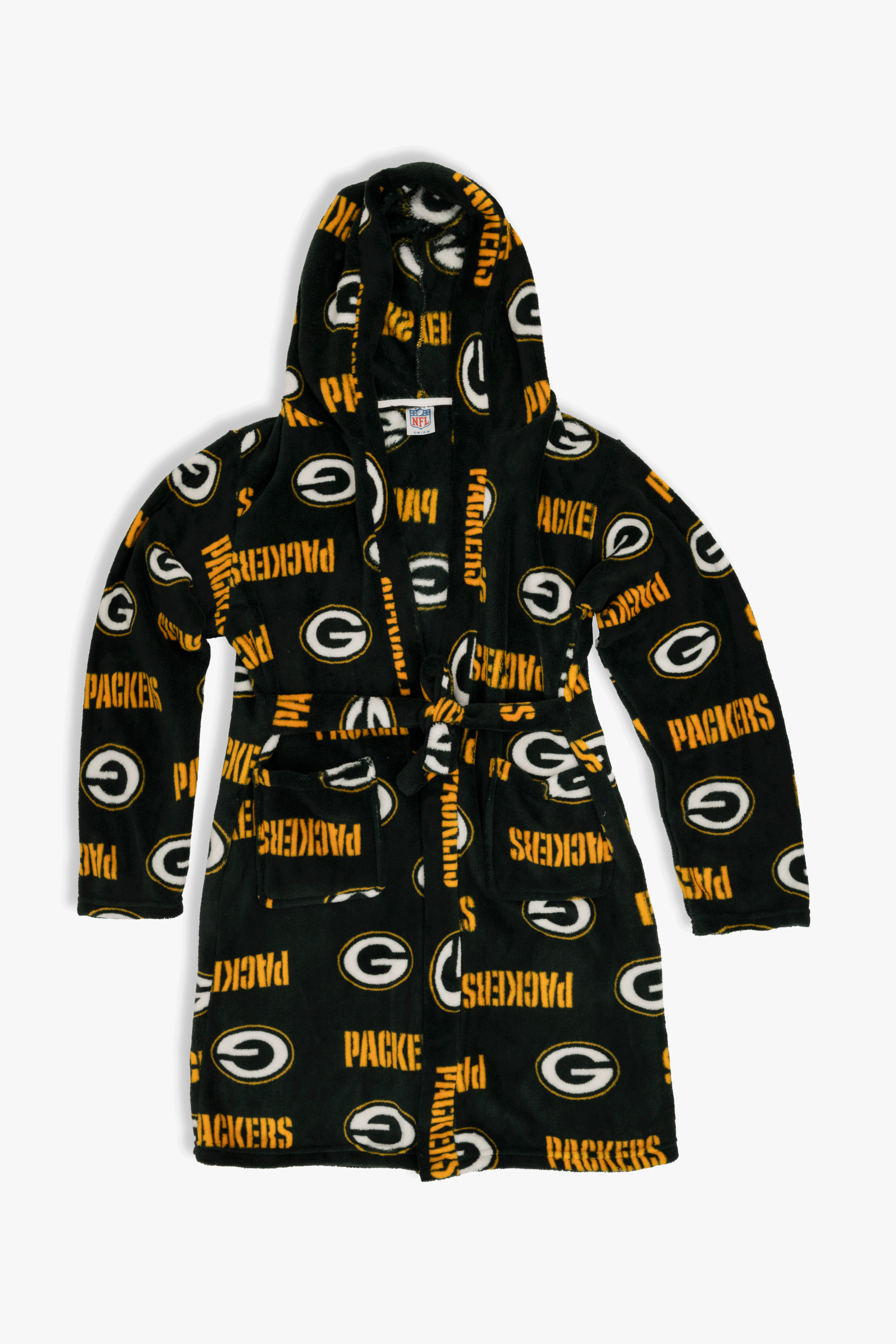 Green Bay Packers Youth Fleece Robe, Hooded NFL Kids Bathrobe with Tie Belt and Pockets, Children's Sizes