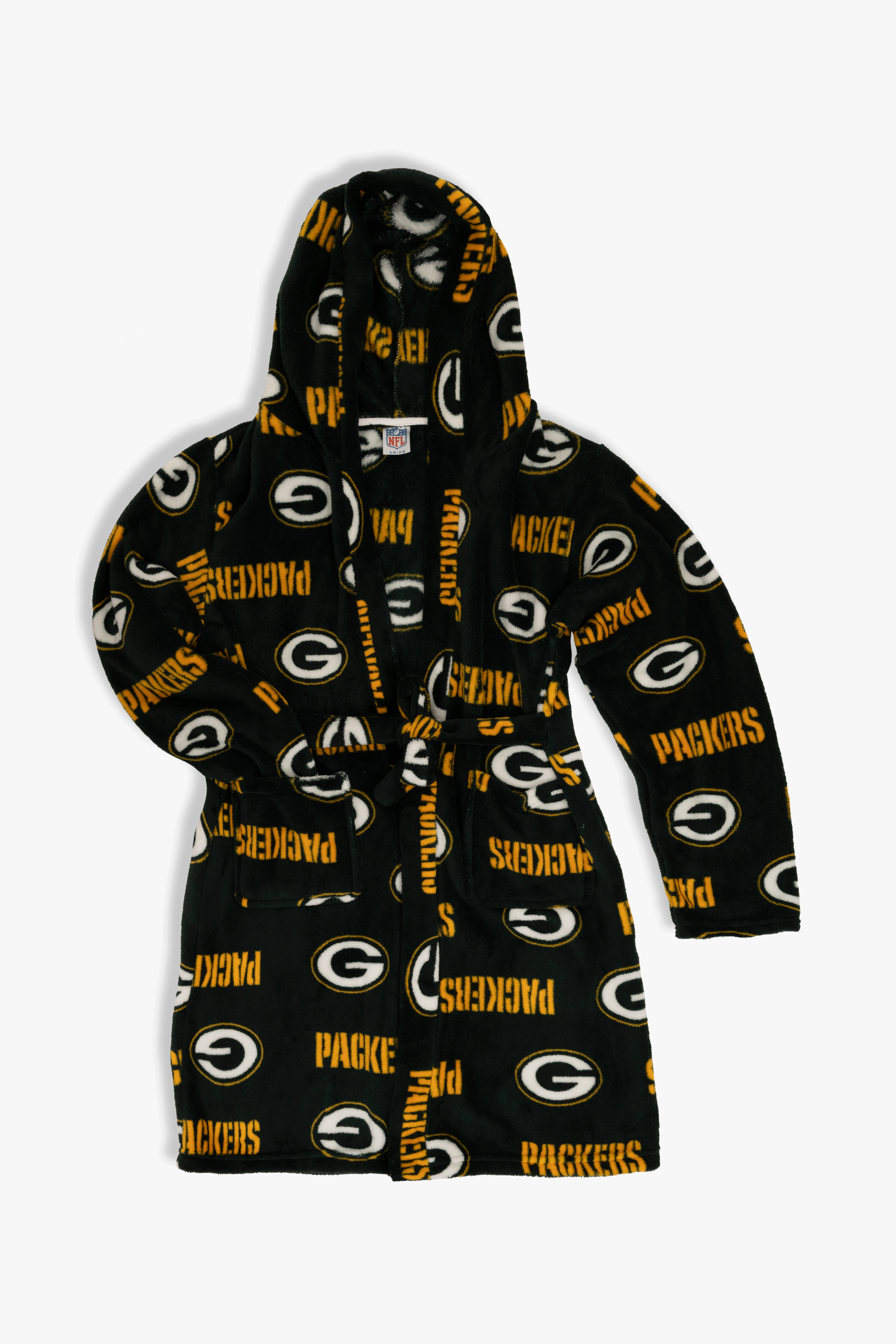 Green Bay Packers Youth Fleece Robe, Hooded NFL Kids Bathrobe with Tie Belt and Pockets, Children's Sizes