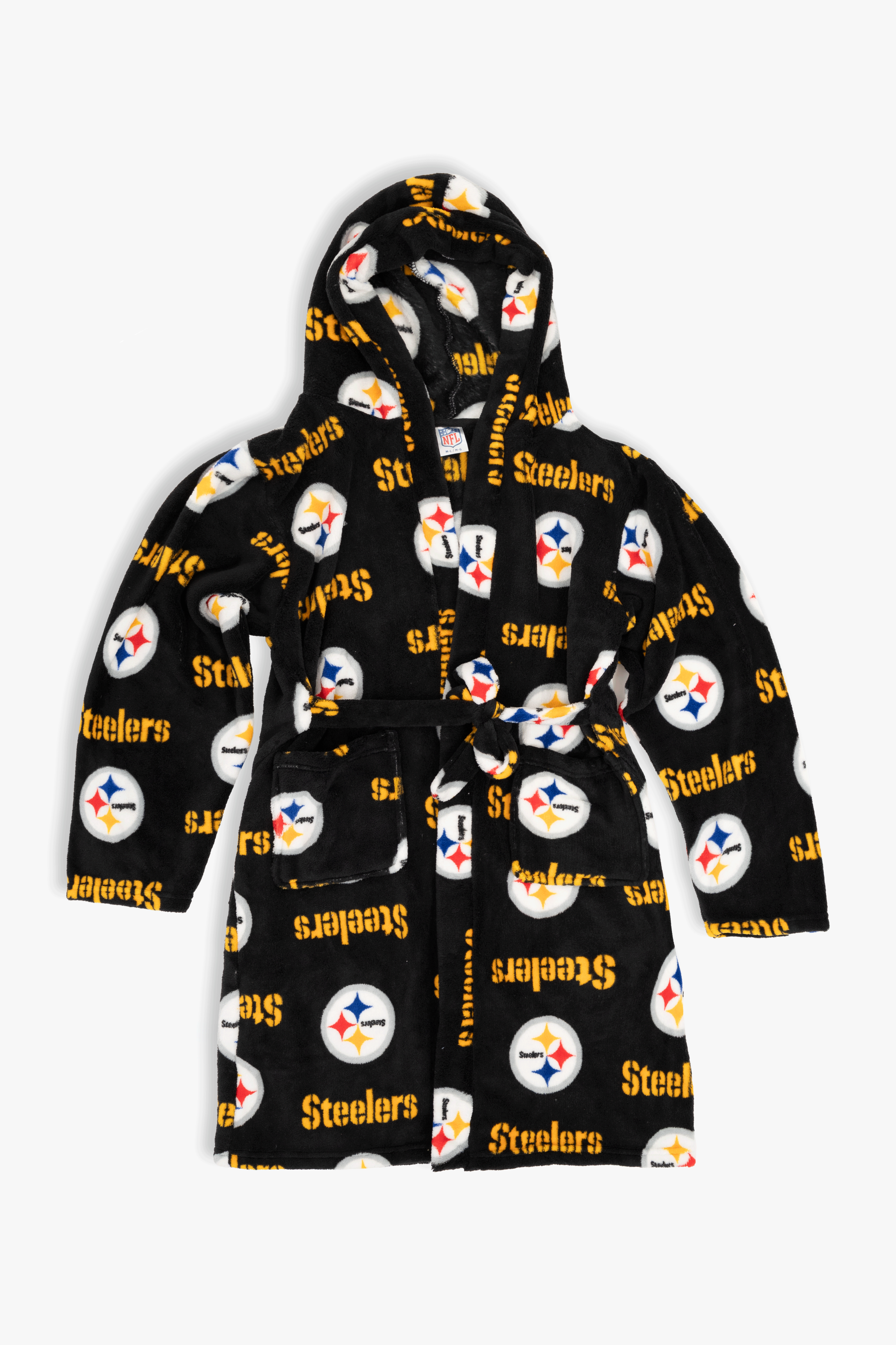 Pittsburgh Steelers Youth Fleece Robe, Hooded NFL Kids Bathrobe with Tie Belt and Pockets, Children's Sizes