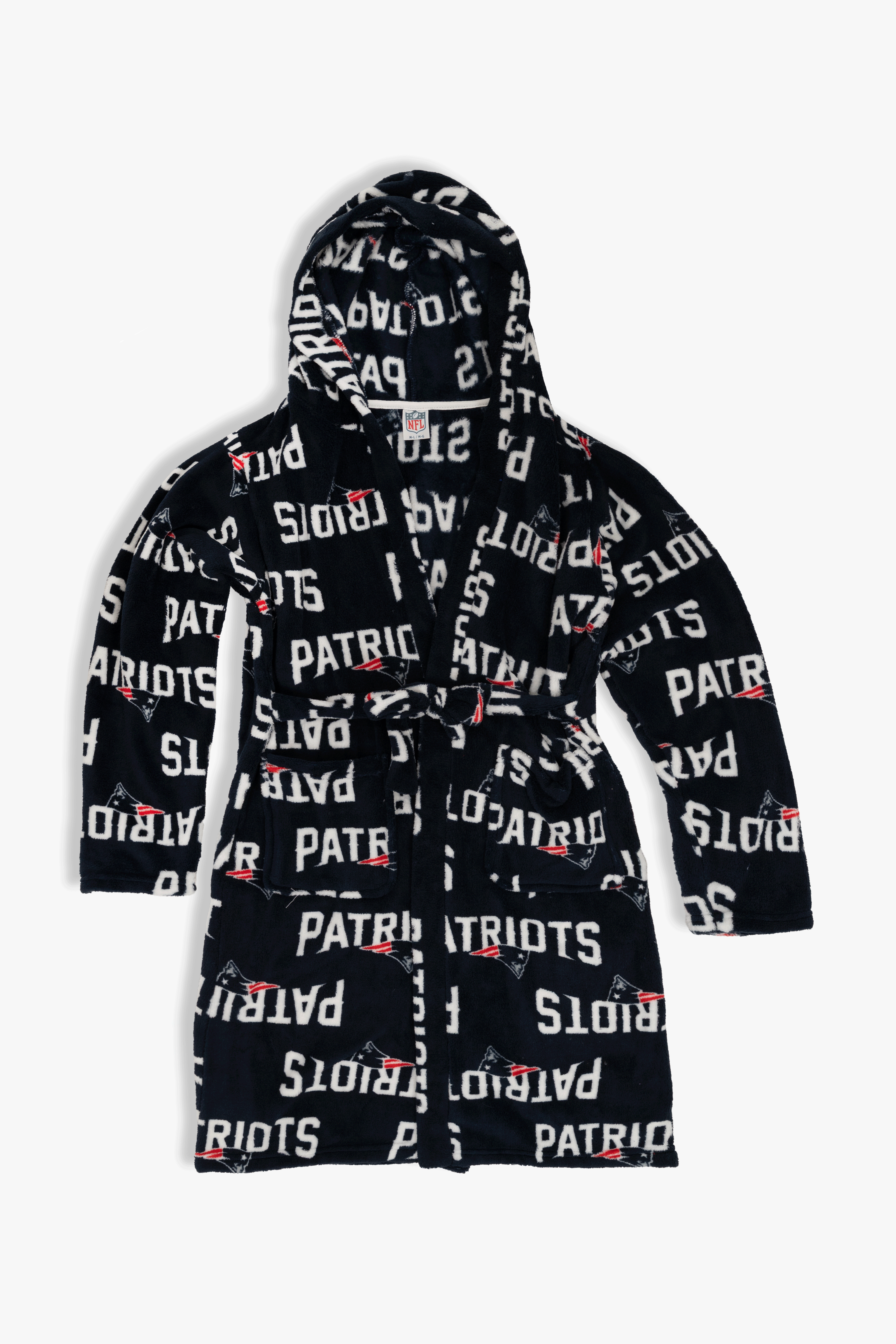 New England Patriots Youth Fleece Robe, Hooded NFL Kids Bathrobe with Tie Belt and Pockets, Children's Sizes