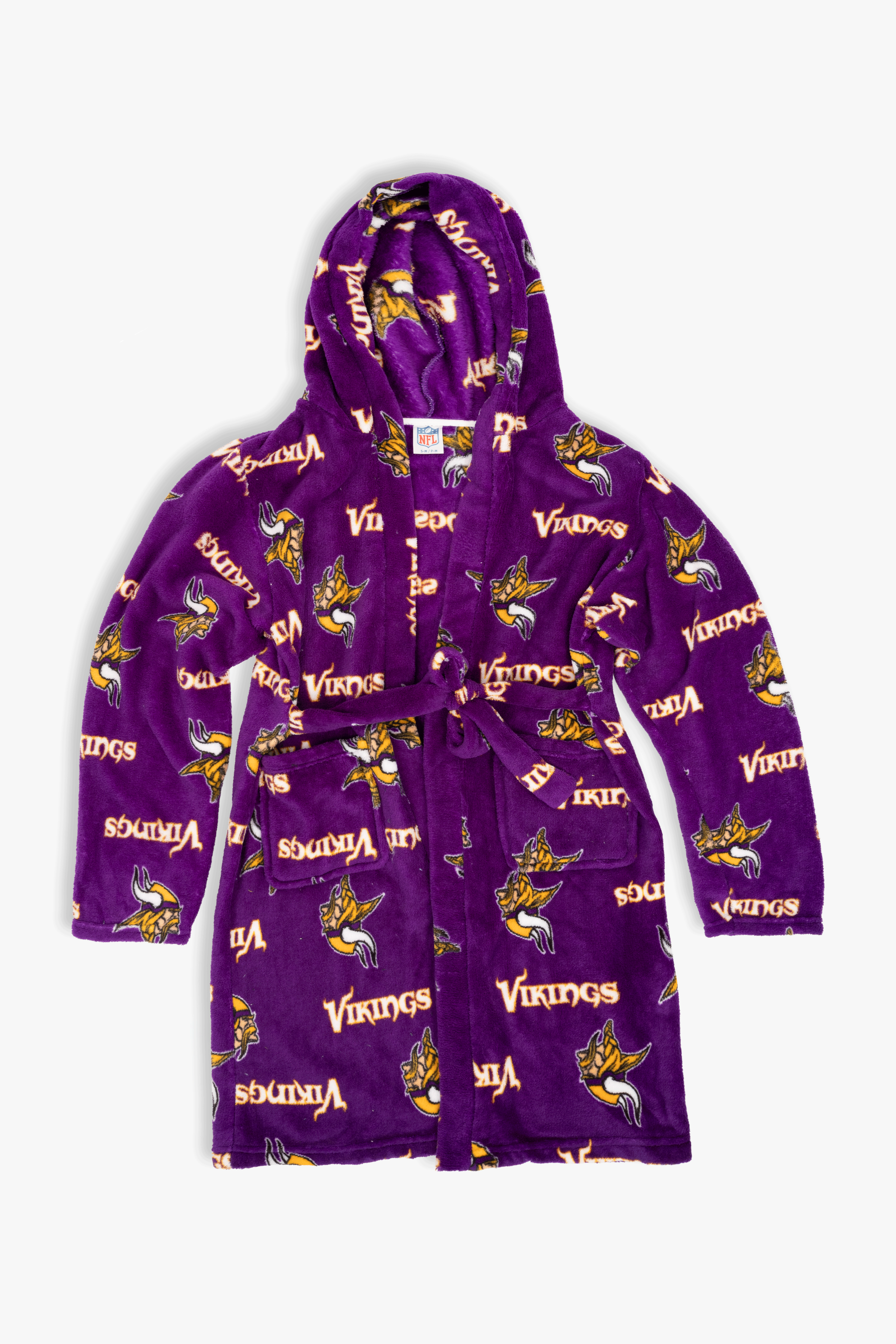 Minnesota Vikings Youth Fleece Robe, Hooded NFL Kids Bathrobe with Tie Belt and Pockets, Children's Sizes