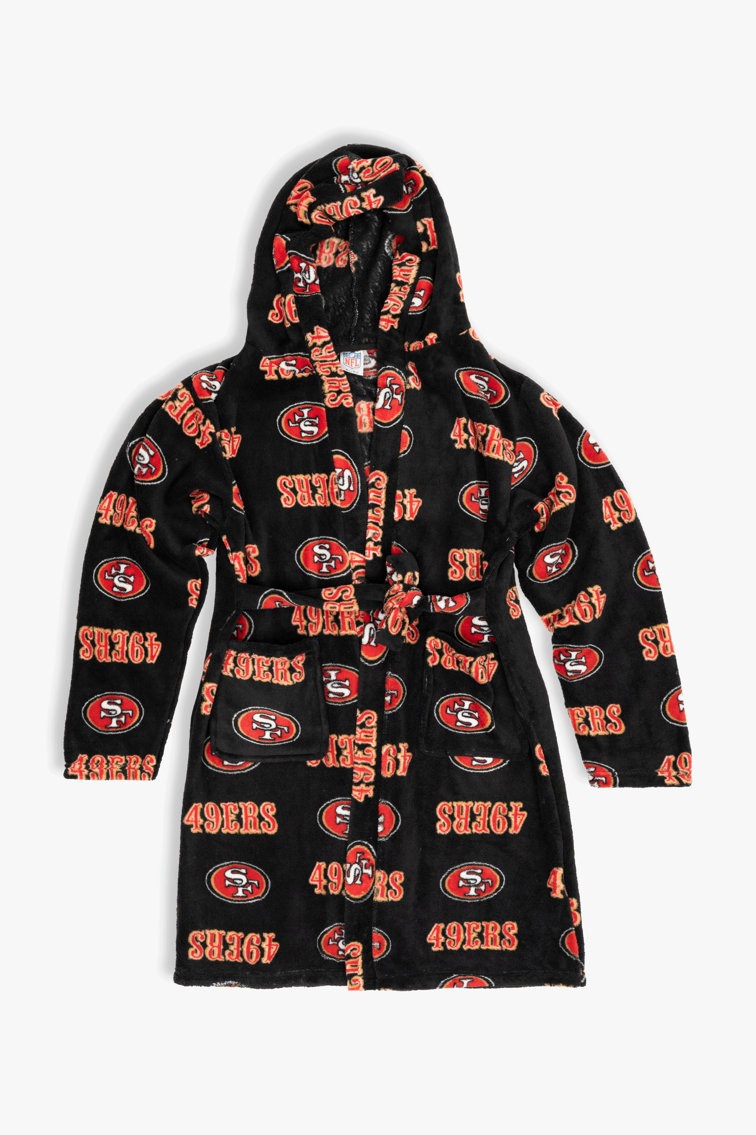 San Francisco 49ers Youth Fleece Robe, Hooded NFL Kids Bathrobe with Tie Belt and Pockets, Children's Sizes
