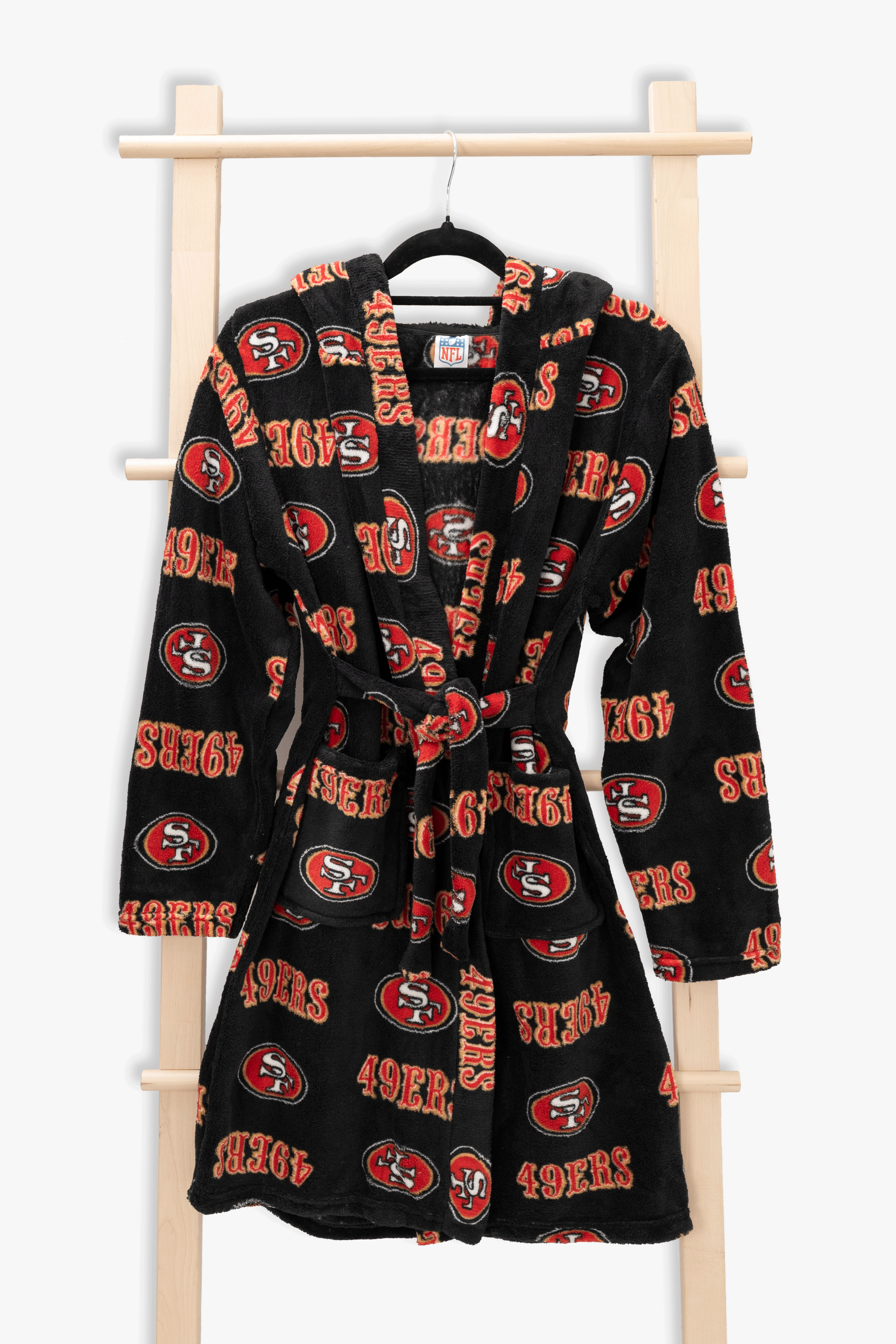 San Francisco 49ers Youth Fleece Robe, Hooded NFL Kids Bathrobe with Tie Belt and Pockets, Children's Sizes