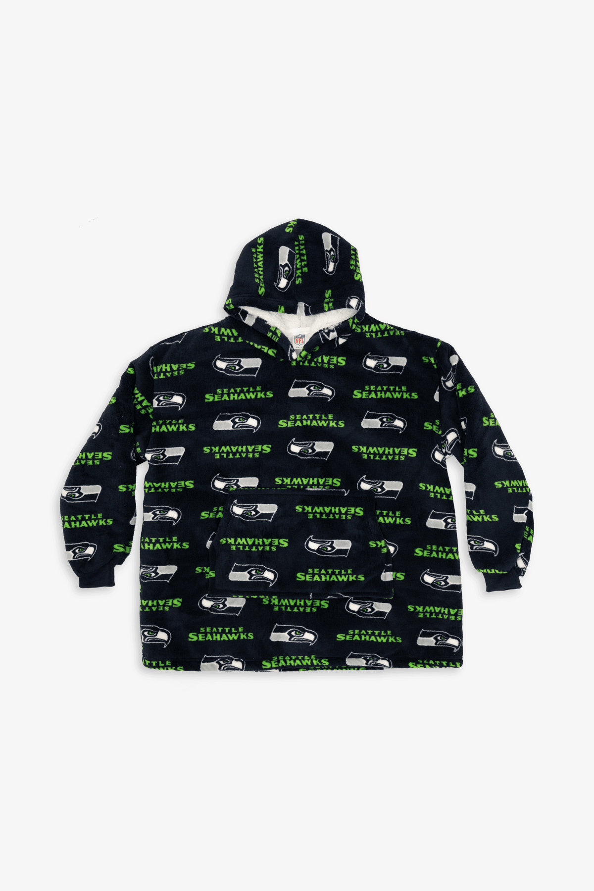 NFL Youth Seattle Seahawks Coral Fleece Blanket Hoodie, Oversized Kids Wearable Blanket, Sherpa Lined, S/M-M/L