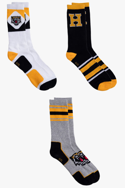 CFL Hamilton Tiger-Cats Men's 3-Pack Cotton Crew Socks With Cushioned Sole