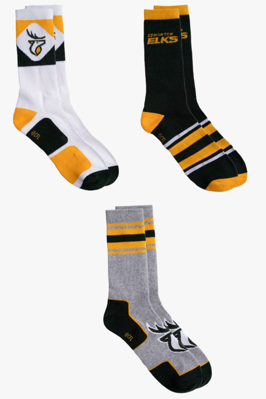 CFL Edmonton Elks Men's 3-Pack Cotton Crew Socks With Cushioned Sole