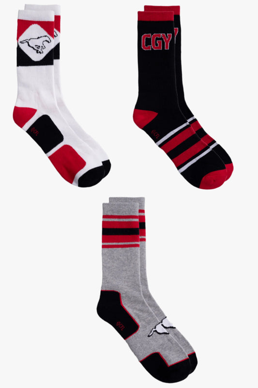 CFL Calgary Stampeders Men's 3-Pack Cotton Crew Socks With Cushioned Sole