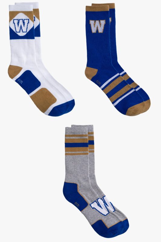 CFL Winnipeg Blue Bombers Men's 3-Pack Cotton Crew Socks With Cushioned Sole