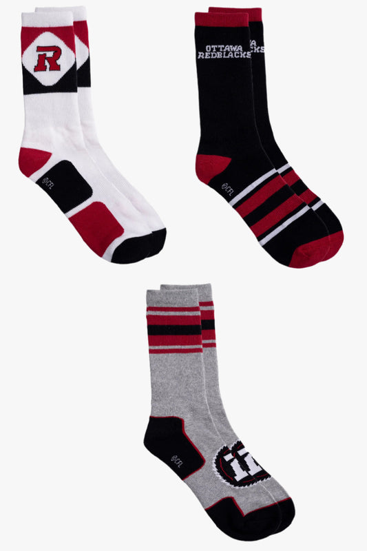 CFL Ottawa Redblacks Men's 3-Pack Cotton Crew Socks With Cushioned Sole