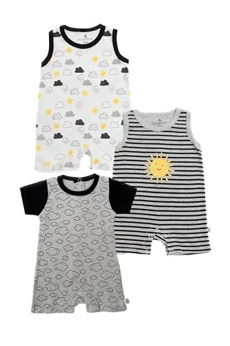 Snugabye Black and White Collection, Baby 3-Pack Romper Bundle | Two Sleeveless and One Short Sleeve