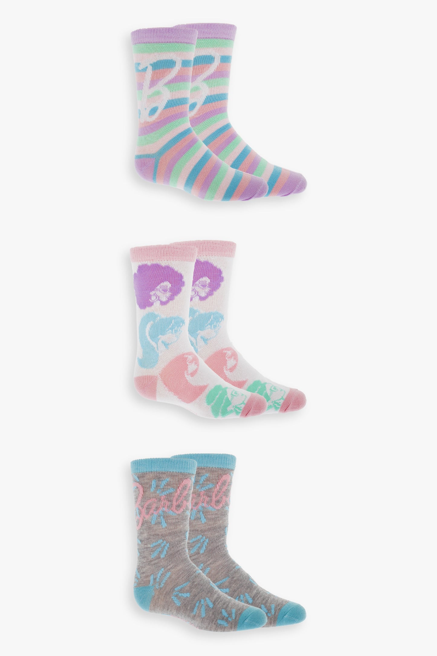 Barbie Youth Girls 3-Pack Graphic Crew Socks