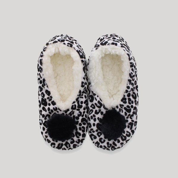 Ladies Leopard Plush Black Slippers with pom pom - Snugabye Canada
